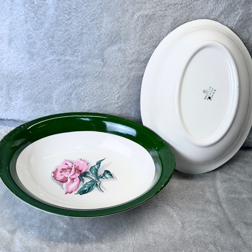Vintage Nautilus Rose Oval Bowls Grannycore Set of 2 Green Rim Floral Made USA - Picture 2 of 12